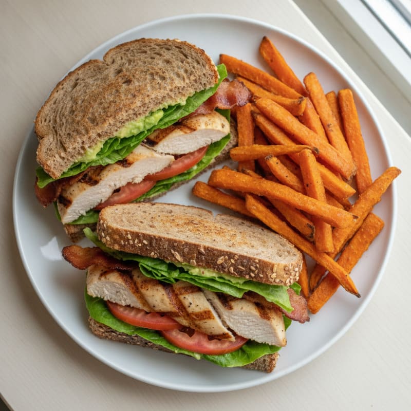 Chicken Club Sandwich with Sweet Potato Fries