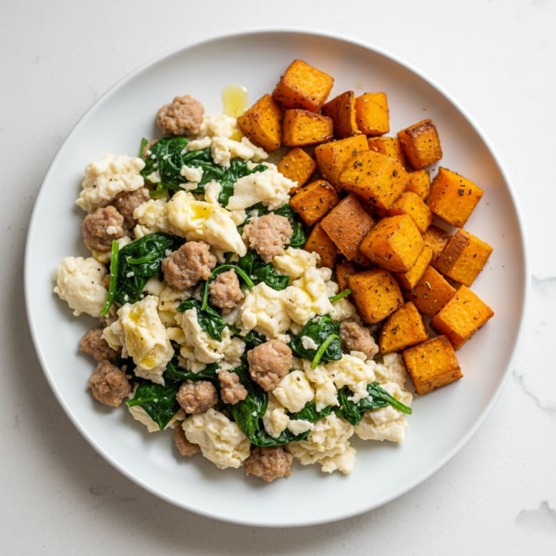 Egg White and Turkey Sausage Scramble with Spinach and Roasted Sweet Potatoes