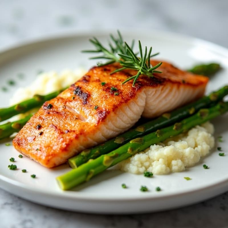 Seared Salmon Fillet with Steamed Asparagus and Cauliflower Mash