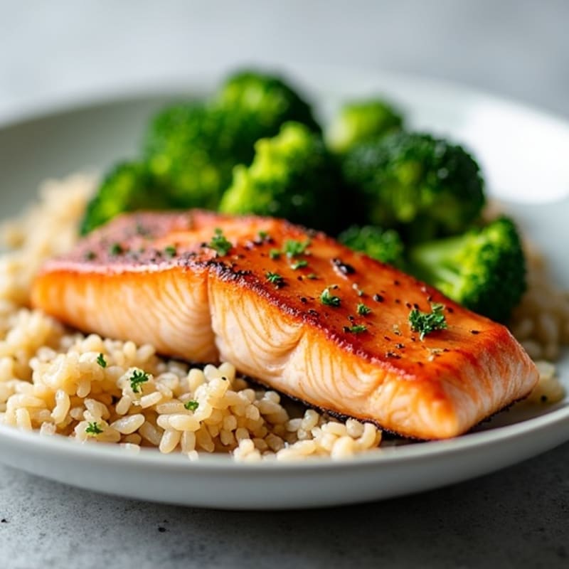 Seared Salmon with Steamed Broccoli and Brown Rice