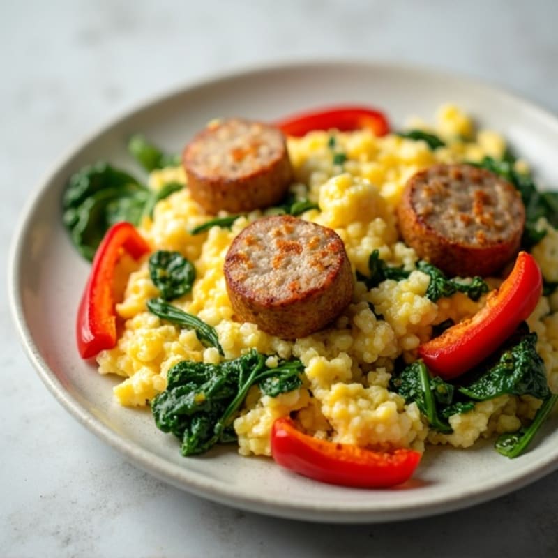 Egg White and Turkey Sausage Scramble with Spinach and Bell Peppers