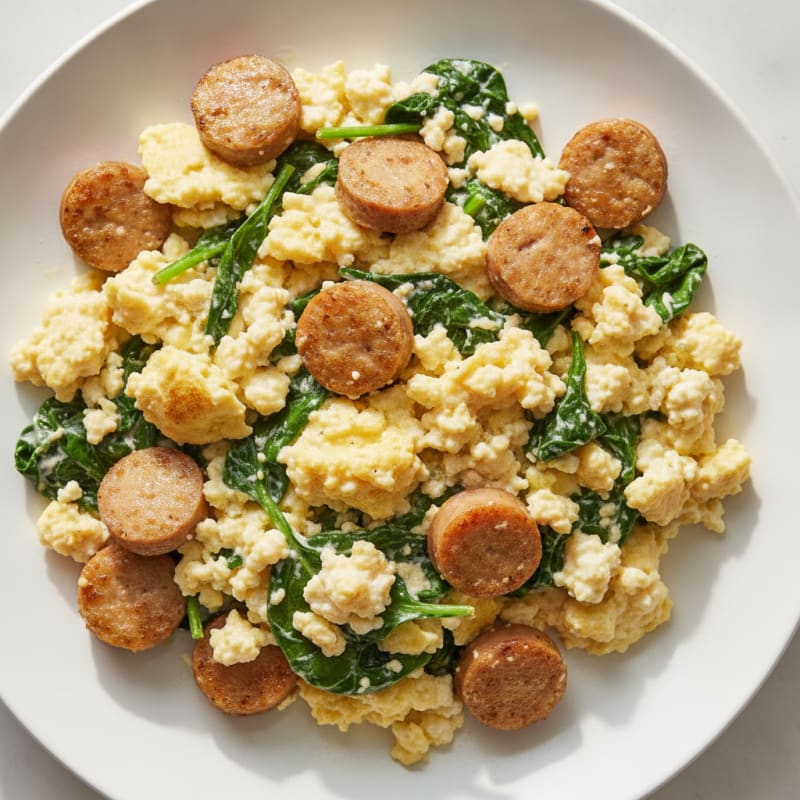 Cottage Cheese Scramble with Turkey Sausage and Spinach