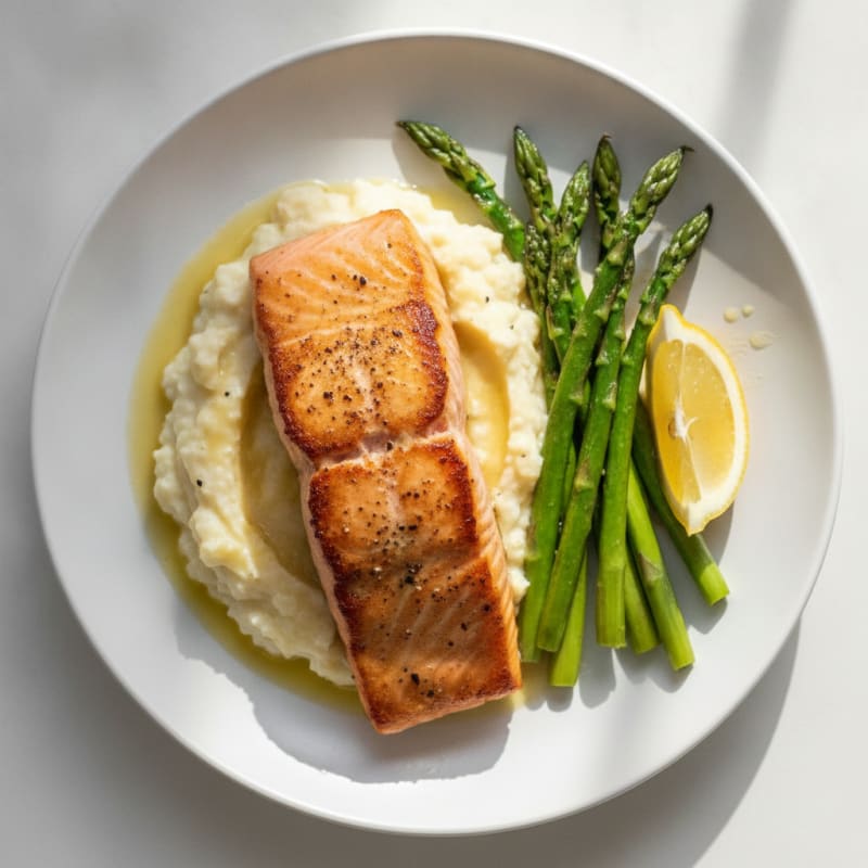 Seared Salmon with Asparagus and Cauliflower Mash