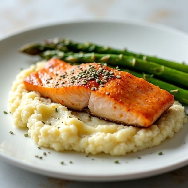 Seared Salmon with Steamed Asparagus and Cauliflower Mash