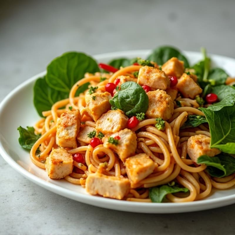 Spicy Peanut Chicken Noodles with Fresh Greens