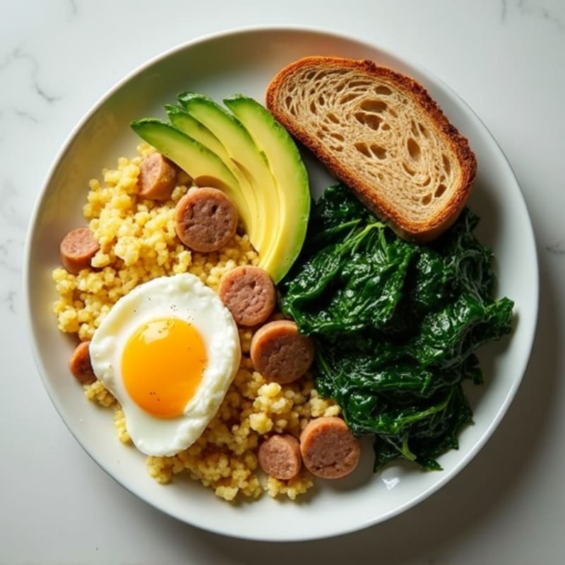 Egg White and Turkey Sausage Scramble with Sautéed Spinach