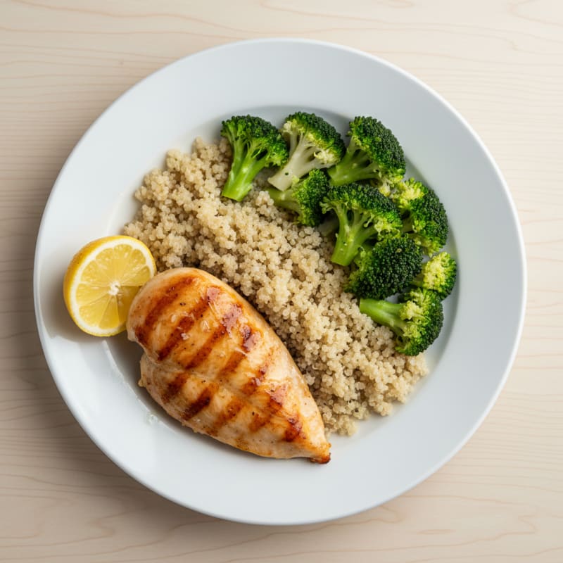 Grilled Chicken Breast with Steamed Broccoli and Quinoa