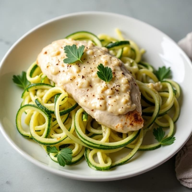 Creamy Cauliflower Alfredo Chicken with Zucchini Noodles