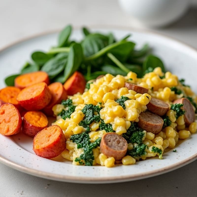 Egg White and Turkey Sausage Scramble with Spinach and Roasted Sweet Potato