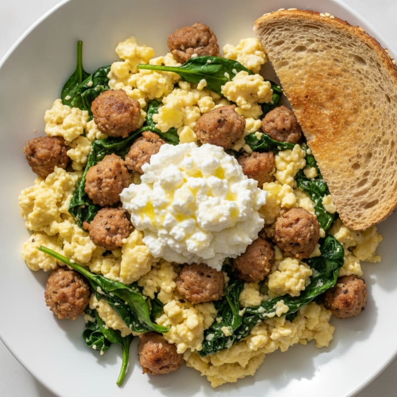 Egg White and Turkey Sausage Scramble with Cottage Cheese and Spinach