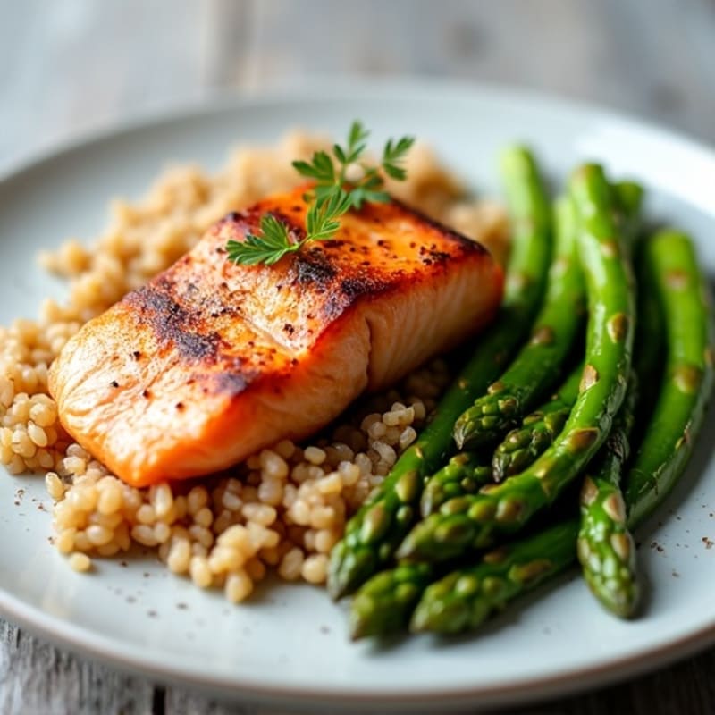 Seared Salmon with Steamed Asparagus and Brown Rice