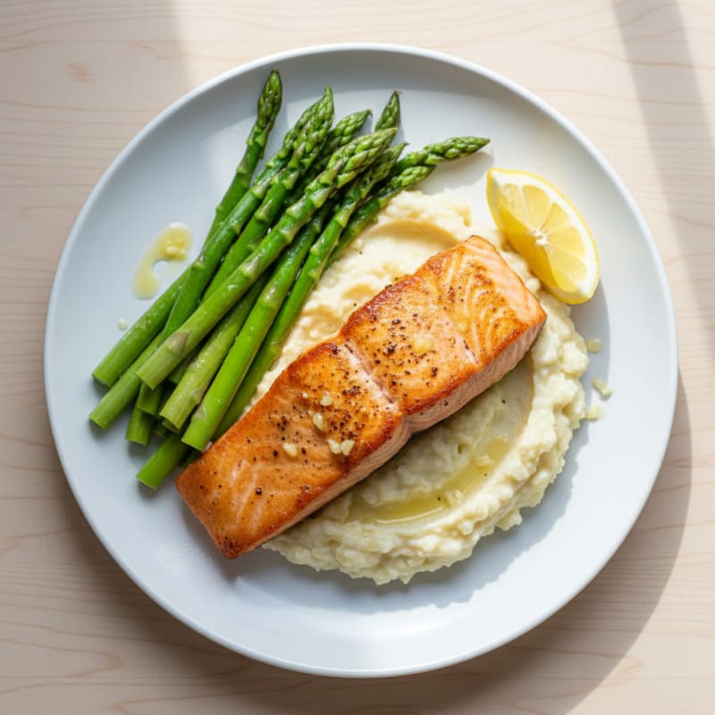 Seared Salmon with Steamed Asparagus and Garlic Cauliflower Mash