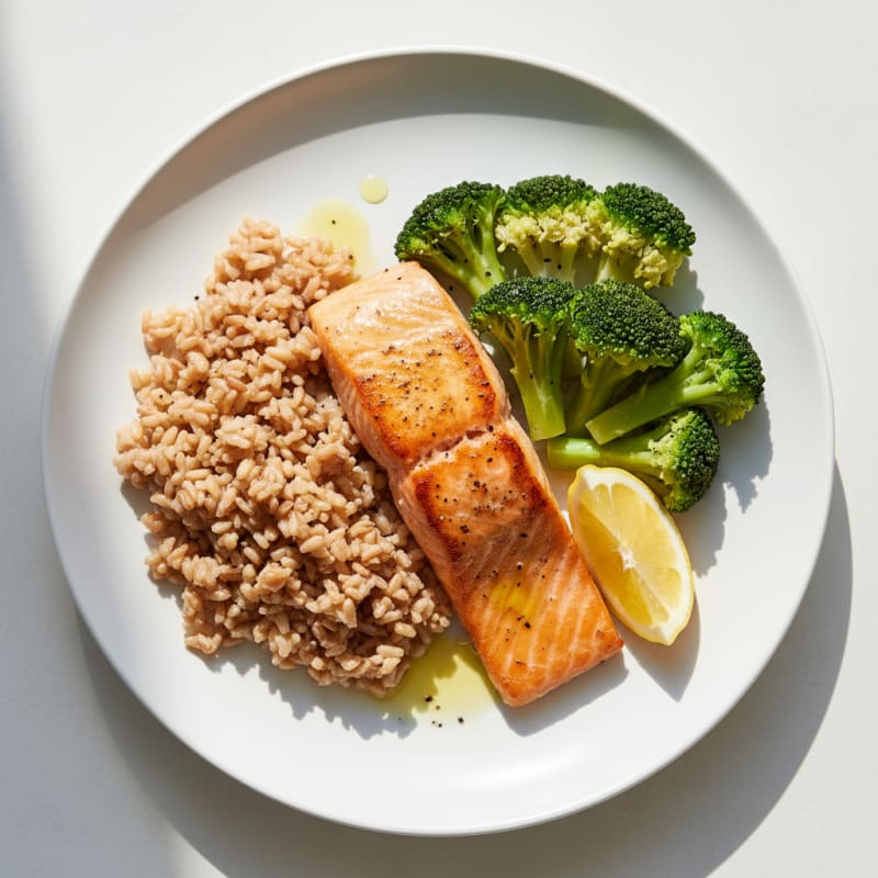 Seared Salmon with Steamed Broccoli and Brown Rice