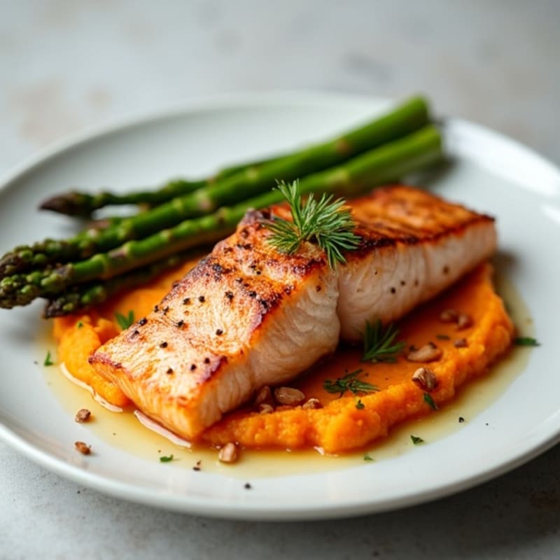 Seared Salmon with Roasted Asparagus and Sweet Potato Mash