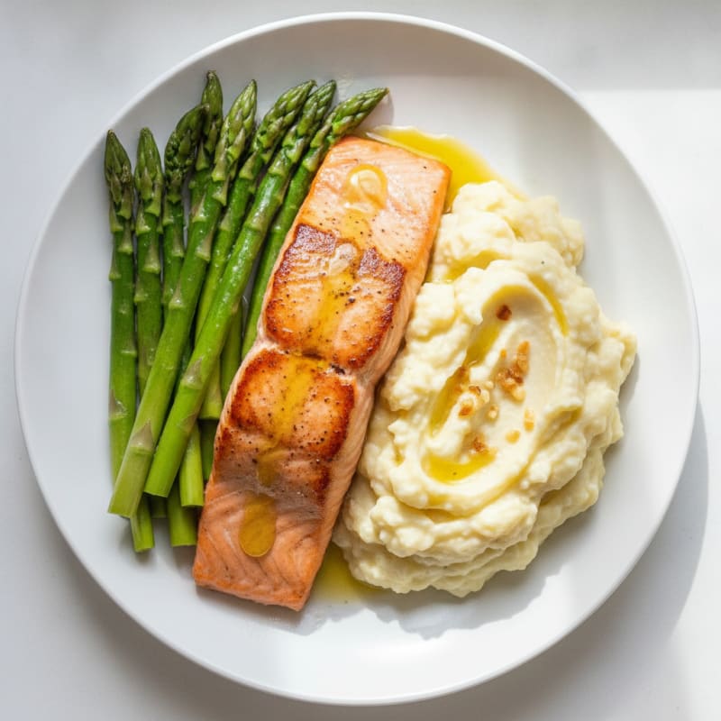 Seared Salmon with Steamed Asparagus and Garlic Mashed Cauliflower