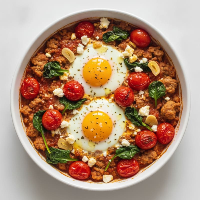 Mediterranean Baked Eggs with Turkey and Blistered Tomatoes