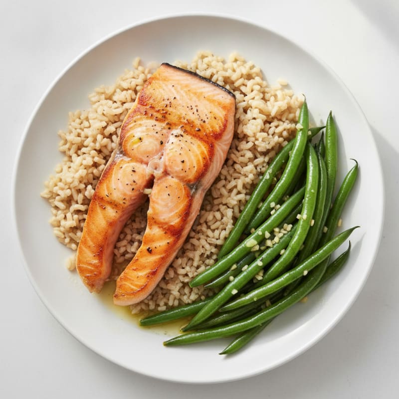 Seared Salmon with Garlic Green Beans and Brown Rice