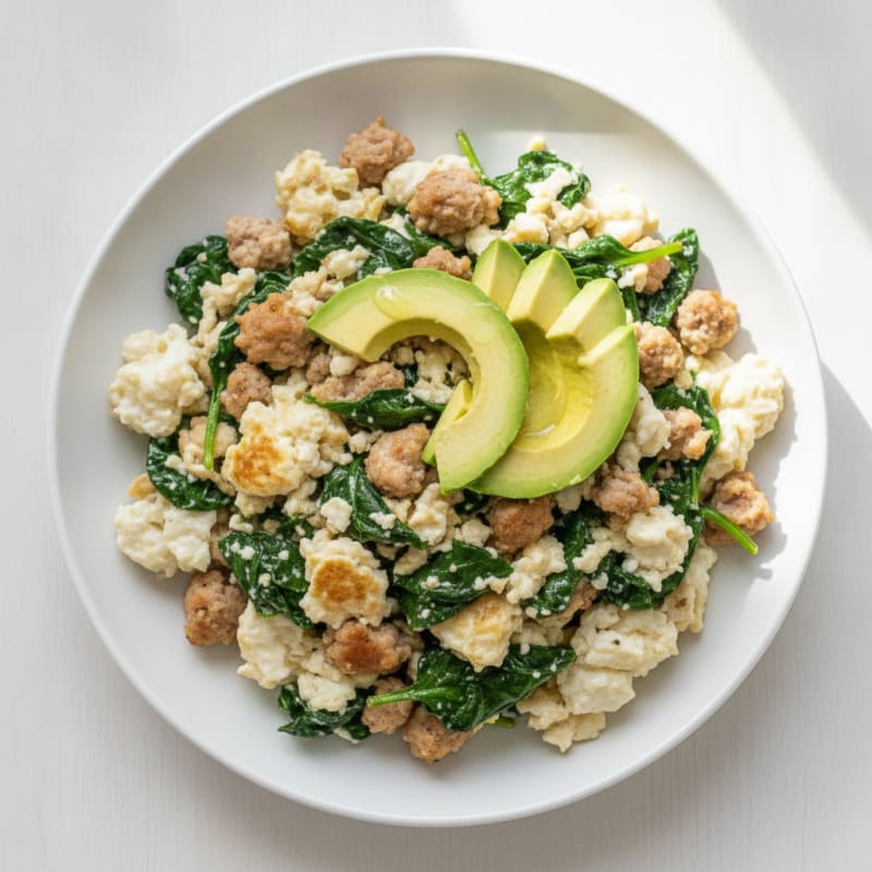 Egg White and Turkey Sausage Scramble with Sautéed Spinach