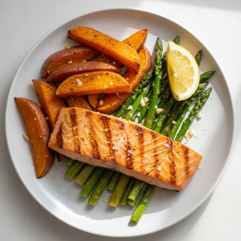 Seared Salmon Fillet with Roasted Sweet Potato and Asparagus
