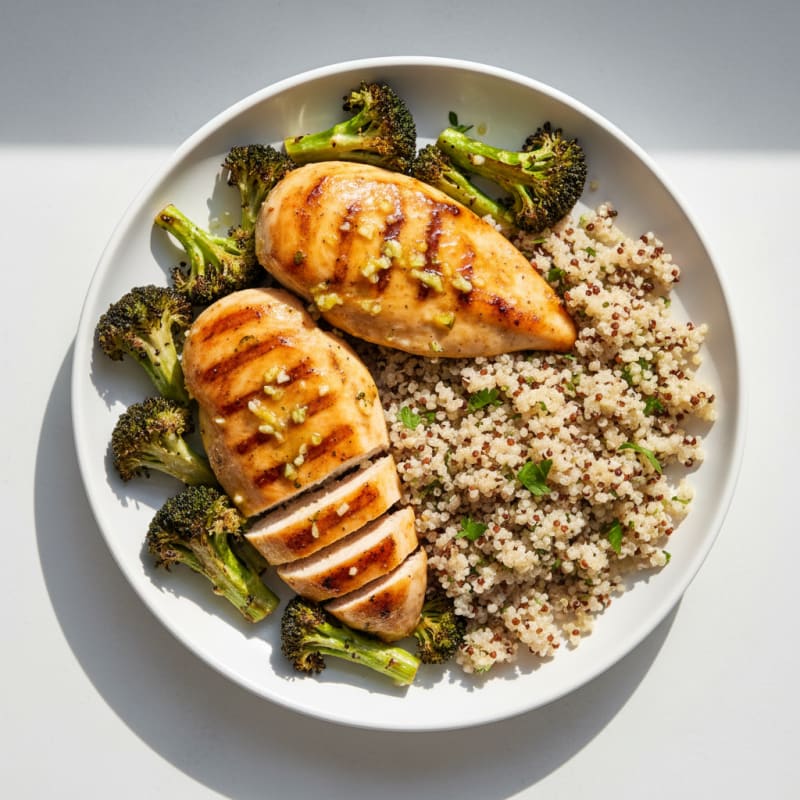 Grilled Lemon Garlic Chicken Breast with Quinoa and Roasted Broccoli
