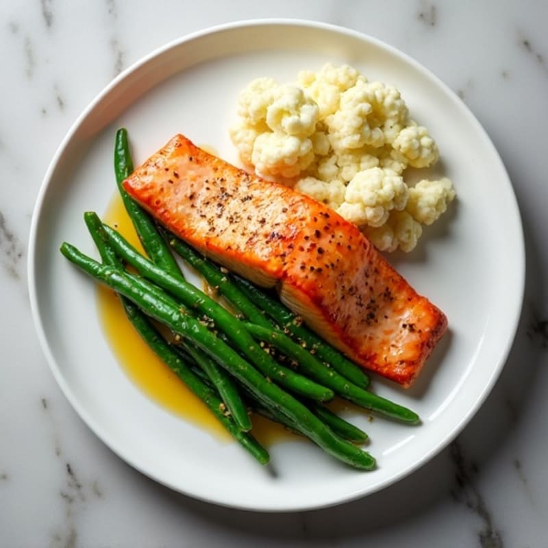 Seared Salmon with Steamed Green Beans and Garlic Mashed Cauliflower