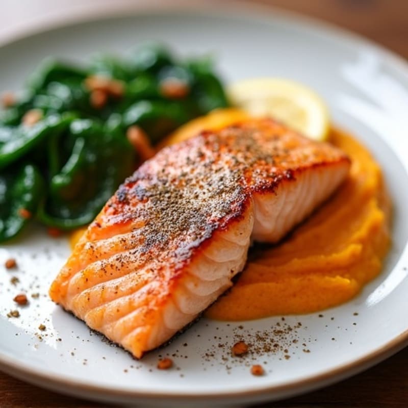 Seared Salmon with Steamed Spinach and Sweet Potato Mash