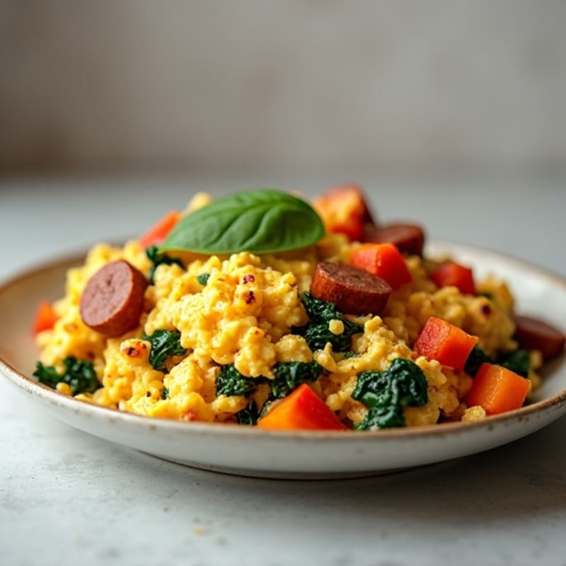 Egg White Scramble with Turkey Sausage and Roasted Sweet Potatoes