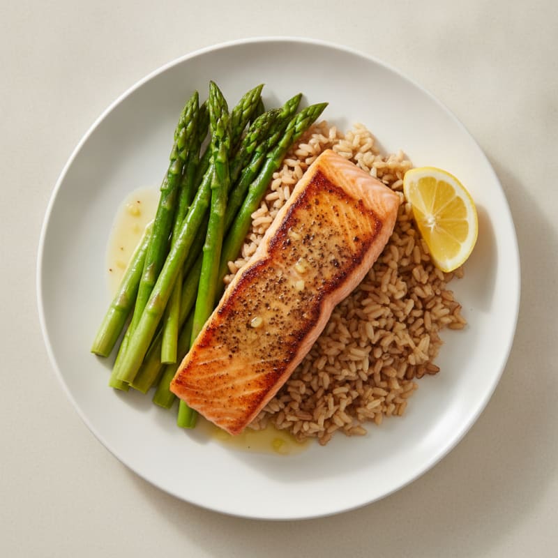 Seared Salmon with Steamed Asparagus and Brown Rice