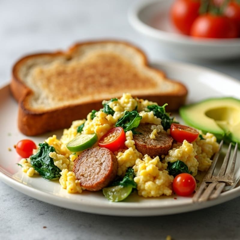 Egg White and Turkey Sausage Scramble with Spinach, Tomatoes & Toast