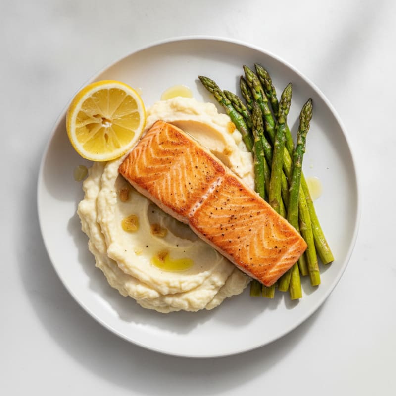 Seared Salmon Fillet with Roasted Asparagus and Cauliflower Mash