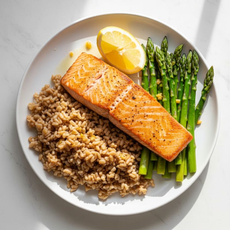Seared Salmon with Brown Rice and Steamed Asparagus