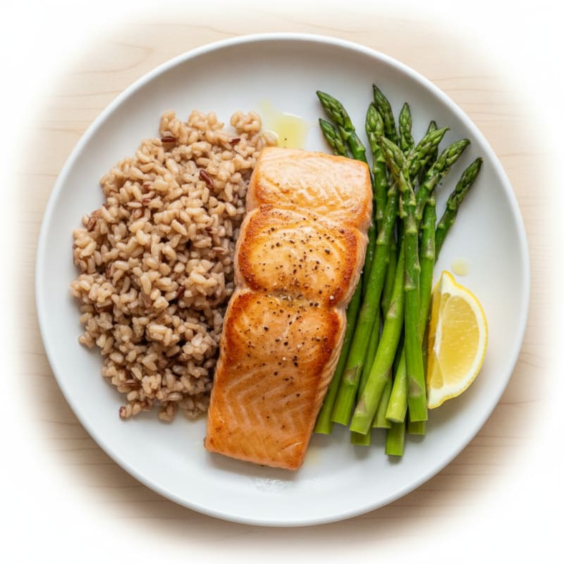 Seared Salmon with Steamed Asparagus and Brown Rice