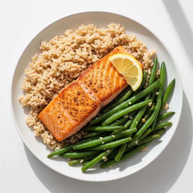 Seared Salmon with Garlic Green Beans and Brown Rice