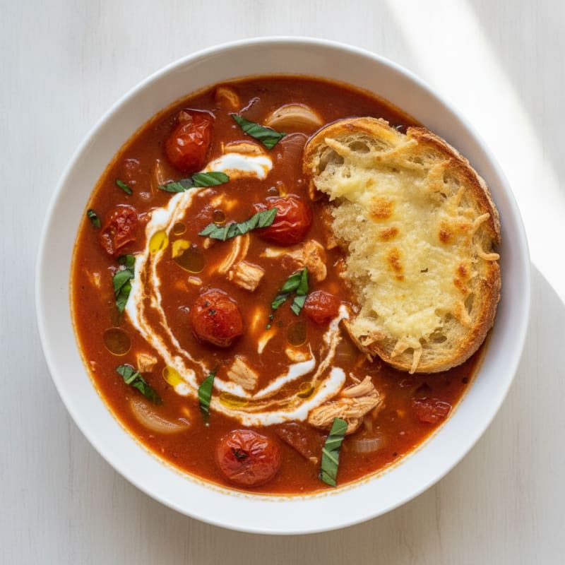 Roasted Tomato Basil Soup with Parmesan Crostini
