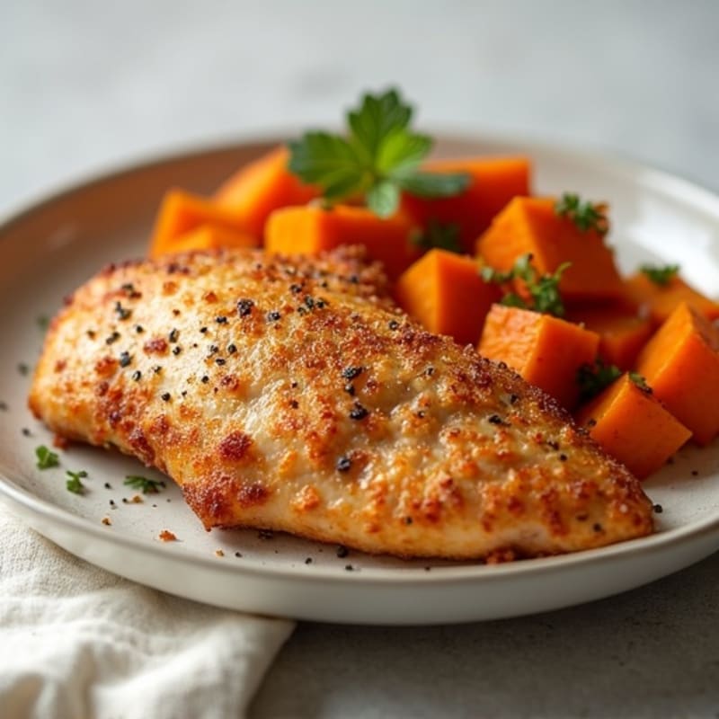 Crispy Pan-Seared Chicken Breast with Roasted Sweet Potatoes