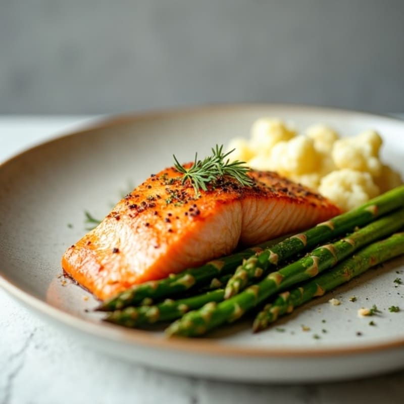 Seared Salmon Fillet with Roasted Asparagus and Garlic Mashed Cauliflower