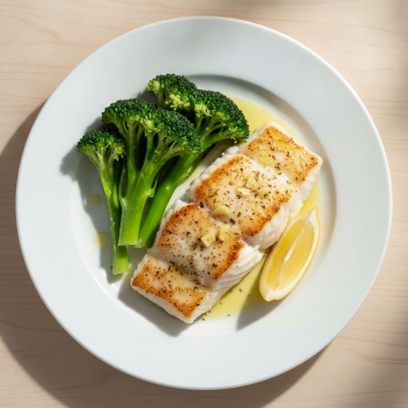 Seared Cod Fillet with Steamed Broccoli and Lemon