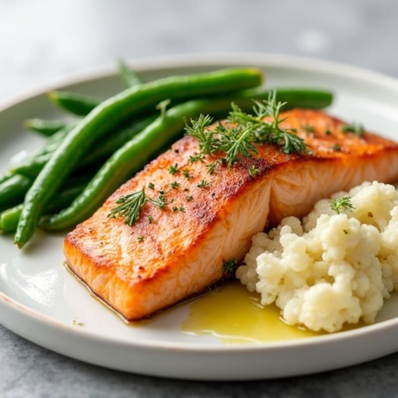 Seared Salmon with Steamed Green Beans and Garlic Mashed Cauliflower