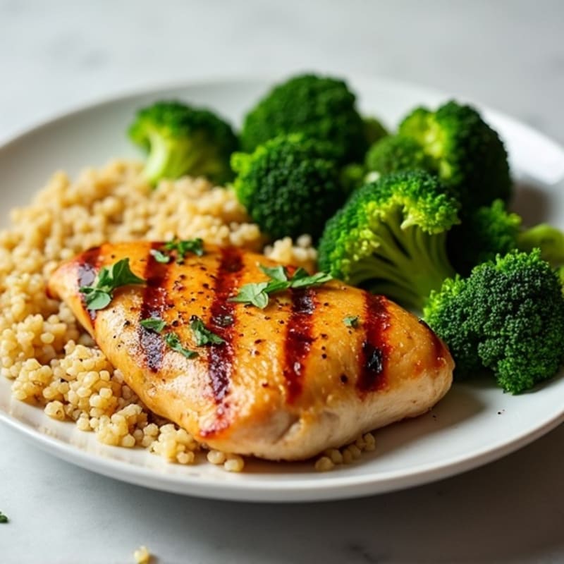 Grilled Lemon-Garlic Chicken Breast with Quinoa and Steamed Broccoli