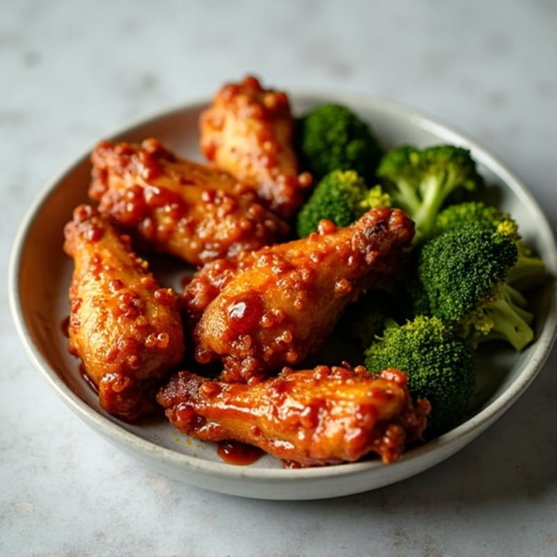 Crispy Baked Spicy BBQ Chicken Wings with Roasted Broccoli