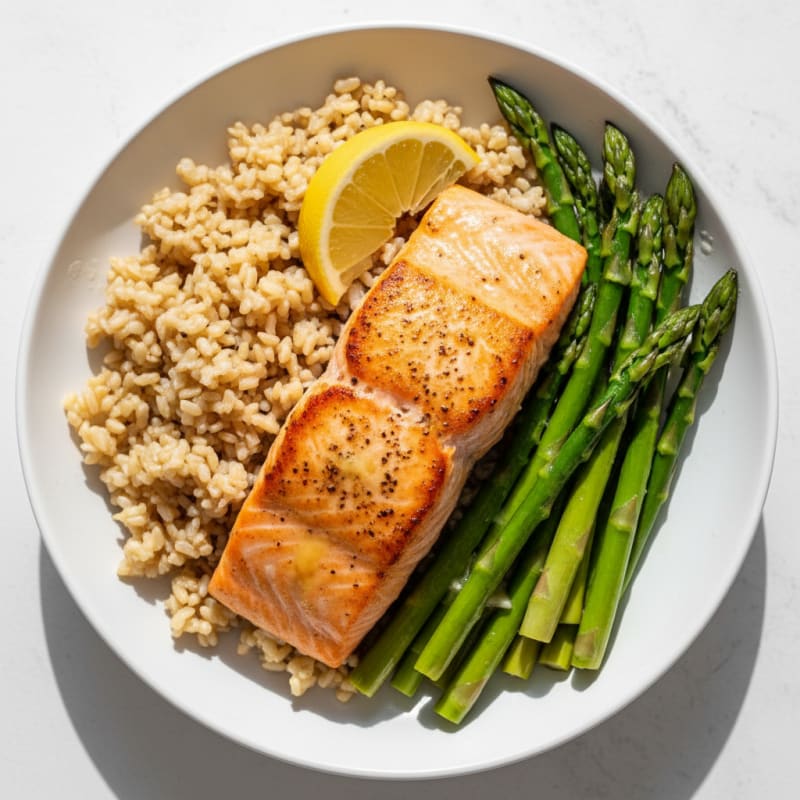 Seared Salmon with Steamed Asparagus and Brown Rice