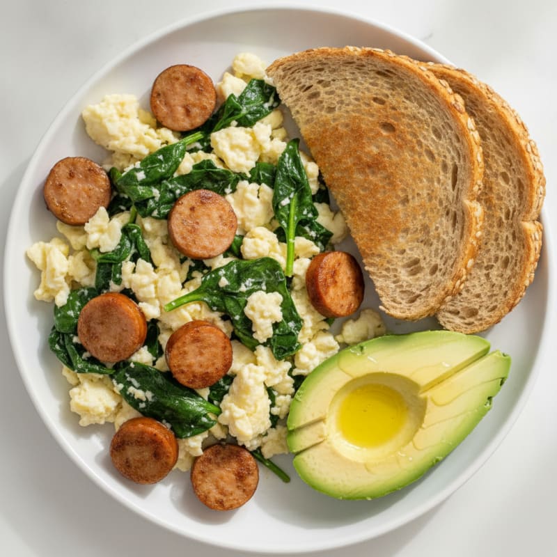 Egg White Scramble with Chicken Sausage and Sautéed Spinach