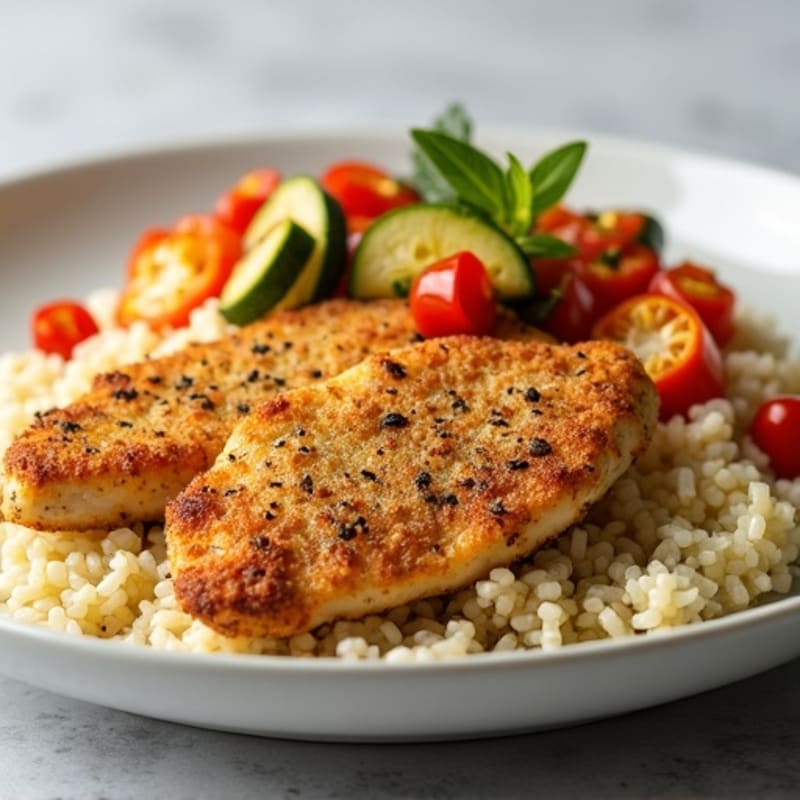Crispy Chicken with Garlic Ginger Cauliflower Rice and Sautéed Vegetables
