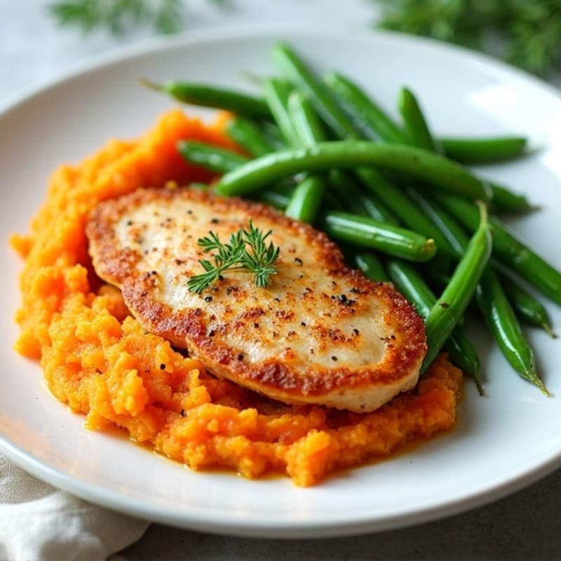 Seared Turkey Cutlets with Steamed Green Beans and Sweet Potato Mash