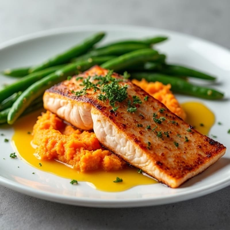 Seared Salmon Fillet with Garlic Green Beans and Sweet Potato Mash