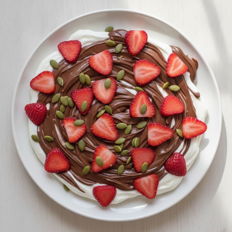 Protein-Packed Chocolate Yogurt Bark with Sliced Strawberries and Pumpkin Seeds