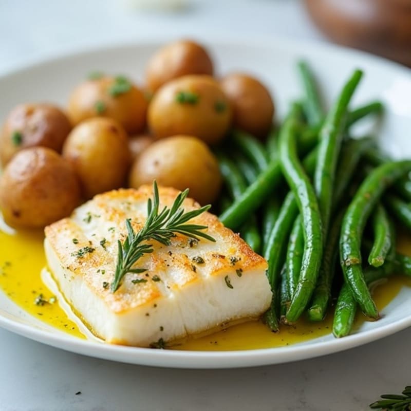 Baked White Fish with Herb-Crushed Potatoes and Steamed Green Beans