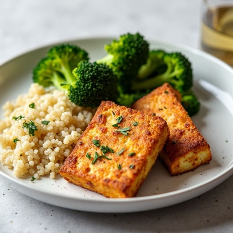 Crispy Baked Tofu with Garlic-Herb Roasted Broccoli and Fluffy Quinoa