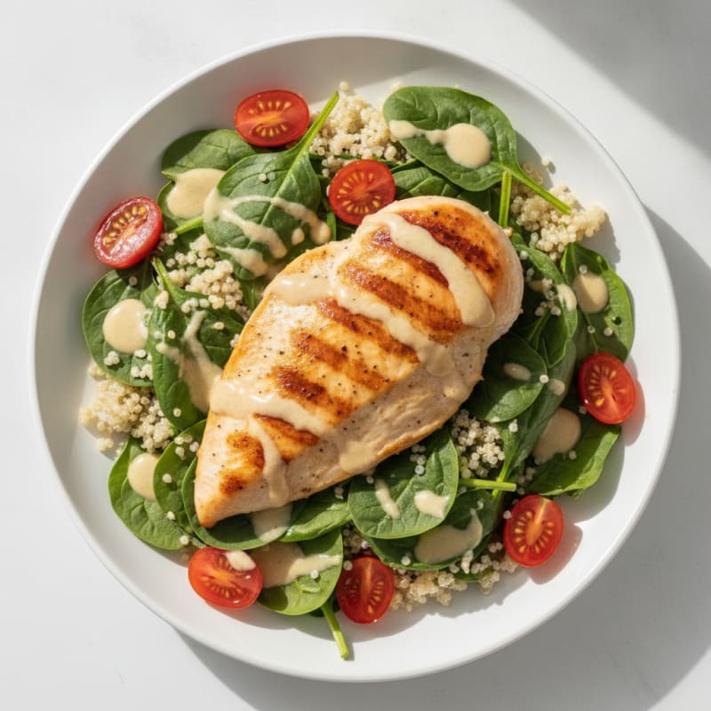 Grilled Chicken Breast with Quinoa Spinach Salad and Lemon Tahini Dressing