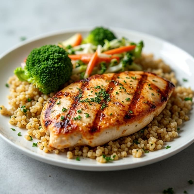 Grilled Chicken Breast with Crunchy Broccoli Slaw and Quinoa